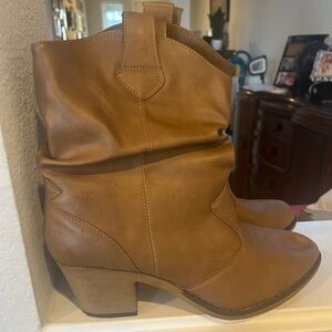 Tan Faux Leather. Western Ankle Boots